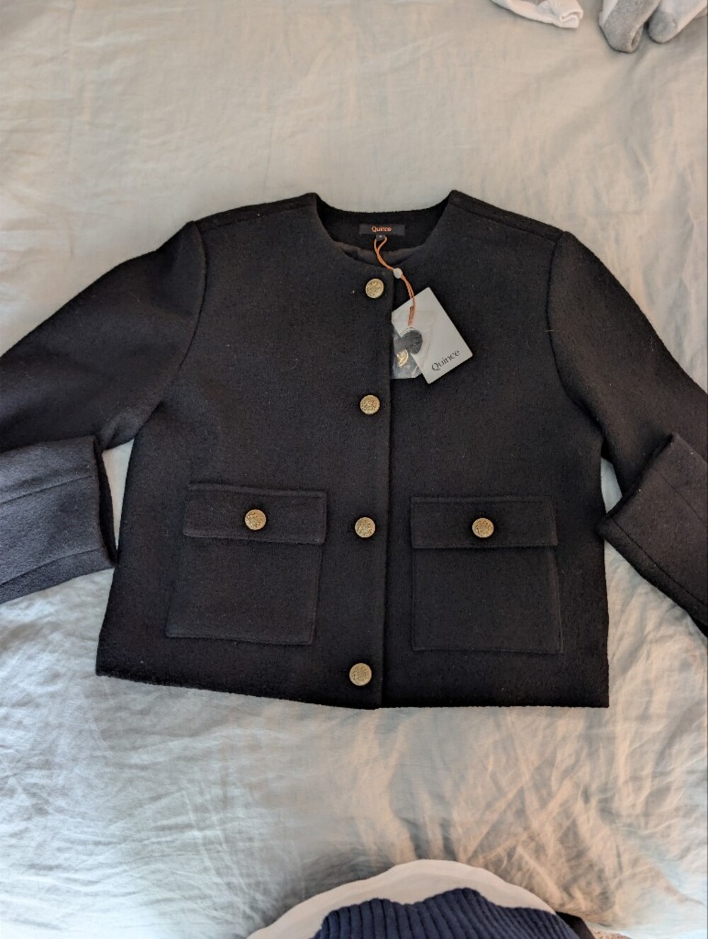 Quince 100% Merino Wool Black Collarless Lady Jacket with Gold Crest Button S